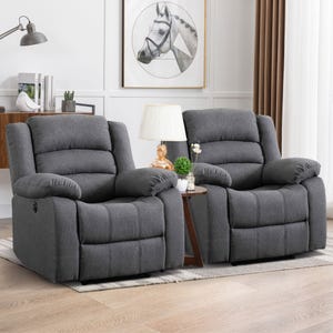 Two gray recliner chairs are placed side by side with a small table in between, featuring a lamp and potted plants.