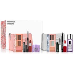 14pc Clinique Makeup Kit includes eyeshadow palettes, eyeliner, mascara, lipstick, makeup remover, moisturizer, and comes with two different cosmetic bags.
