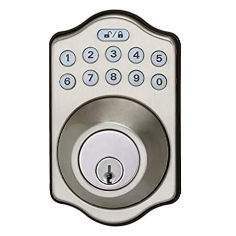 Electronic keypad deadbolt lock with a satin nickel finish featuring a numerical keypad and keyhole for access.
