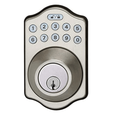 Electronic keypad deadbolt lock with a satin nickel finish featuring a numerical keypad and keyhole for access.