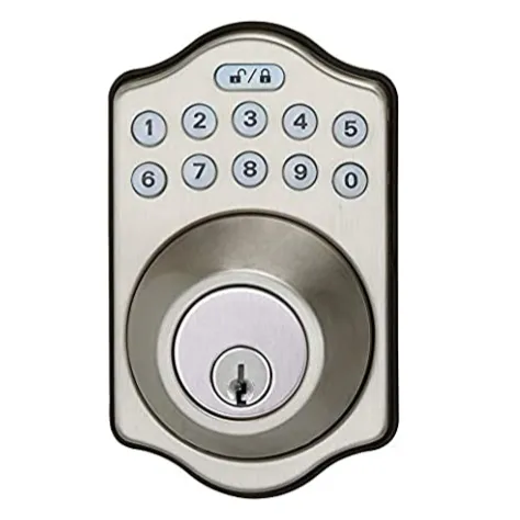 Electronic keypad deadbolt lock with a satin nickel finish featuring a numerical keypad and keyhole for access.