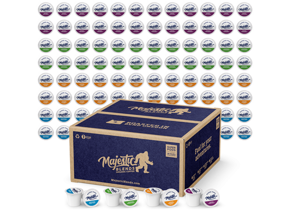Assorted coffee pods from Majestic Blends, neatly arranged above a large box. Various flavors are indicated by different colored lids: blue, green, orange, and purple.