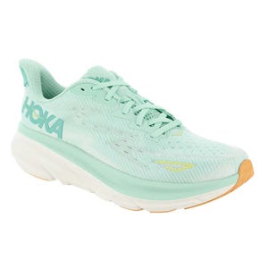 Hoka Clifton 9 Running Shoes in a mint green color feature a lightweight mesh upper, cushioned midsole, and signature Hoka branding. The shoes have a slightly elevated sole for enhanced comfort and support.