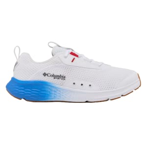 White Columbia PFG sneaker with a blue gradient midsole and brown sole, featuring a mesh upper and lace-up design.