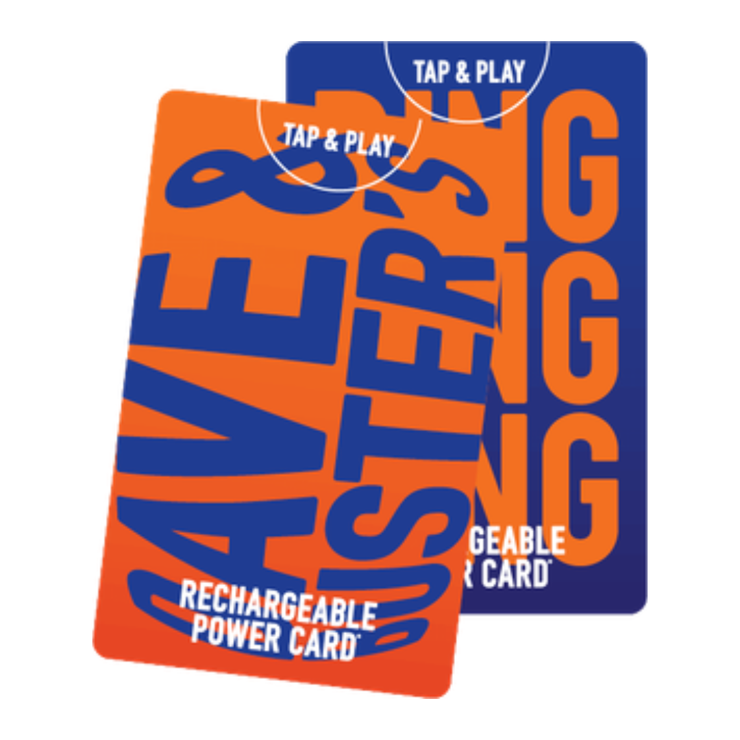 Two overlapping, brightly colored, rechargeable power cards feature bold orange and blue lettering with \“TAP & PLAY\“ and \“RECHARGEABLE POWER CARD\“ visible.