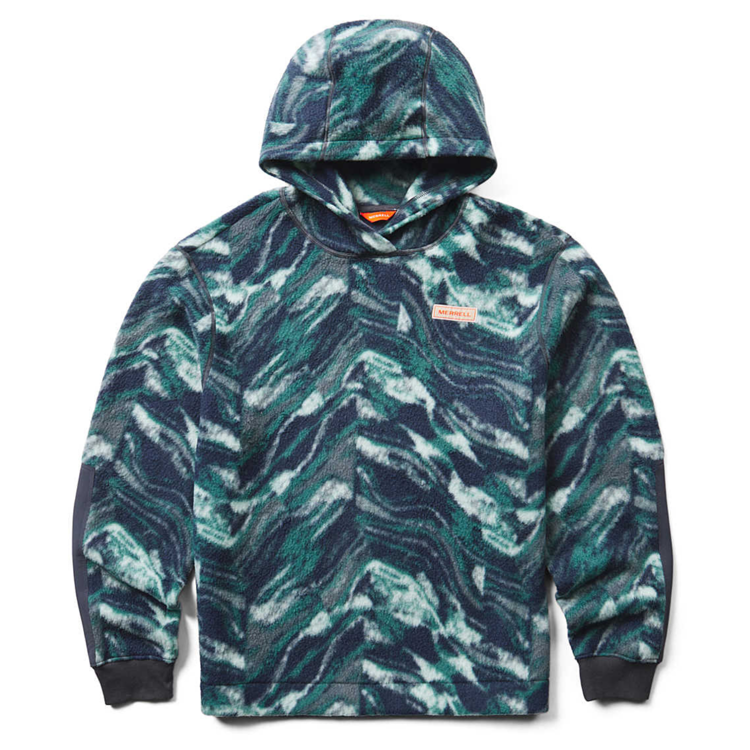 A patterned fleece hoodie with a prominent hood and elastic cuffs.