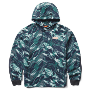 A patterned fleece hoodie with a prominent hood and elastic cuffs.