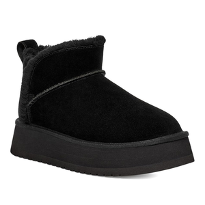 A black suede platform ankle boot with a fur lining and textured sole, designed for warmth and style.