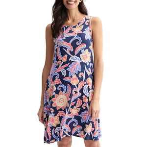 Sleeveless A-line dress with a colorful floral pattern on a navy background.