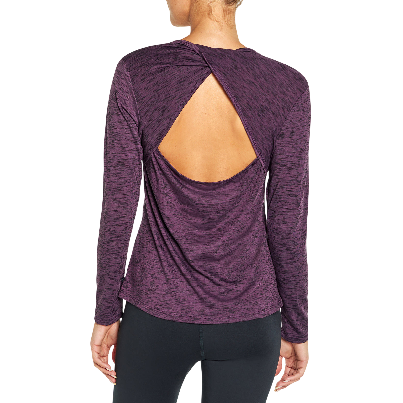 A long-sleeve purple top featuring a cutout design on the back, paired with dark leggings.