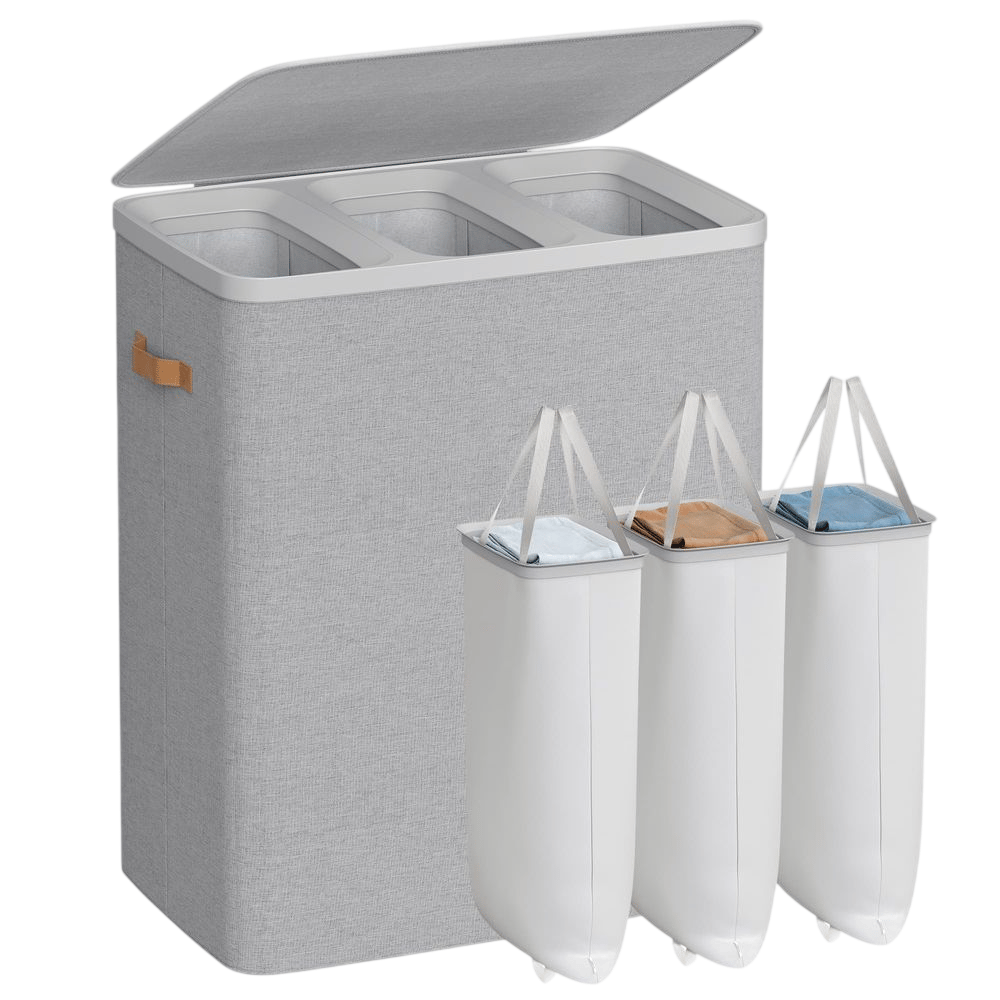 Gray laundry hamper with three removable compartments featuring fabric handles for easy carrying.