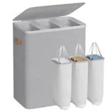 Gray laundry hamper with three removable compartments featuring fabric handles for easy carrying.