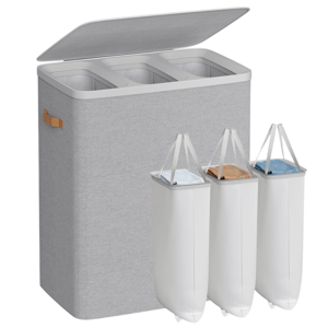 Gray laundry hamper with three removable compartments featuring fabric handles for easy carrying.