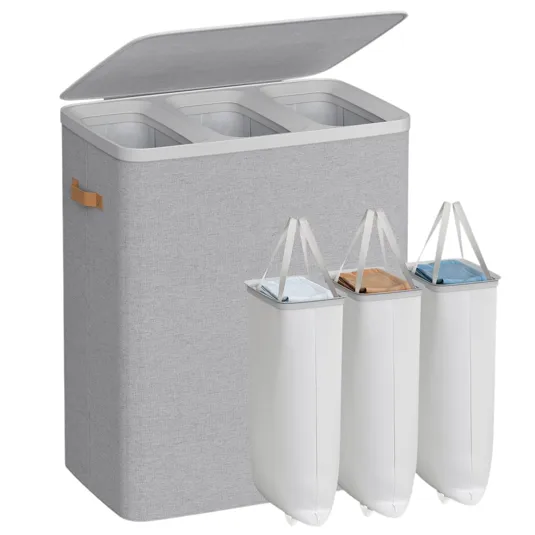 Gray laundry hamper with three removable compartments featuring fabric handles for easy carrying.