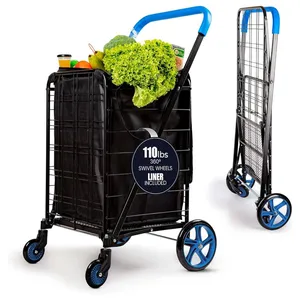 Folding shopping cart with blue handles, 360° swivel wheels, and includes a liner. It has a capacity of 110 lbs and is shown with groceries like lettuce and drinks.