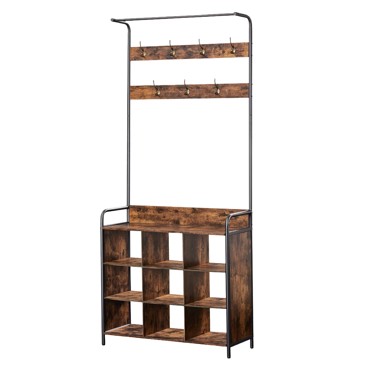 A tall, rustic-style hall tree with metal frame, featuring eight hooks for hanging items and nine cubbies for storage. Ideal for entryway organization.