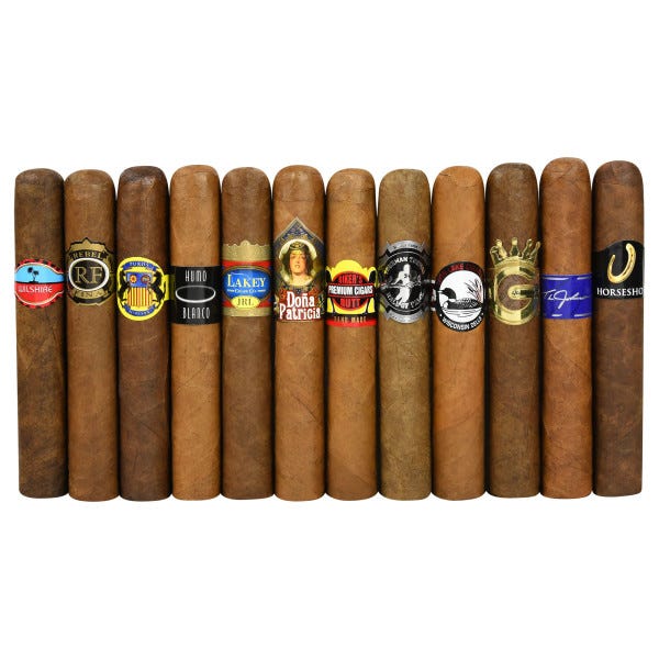 A collection of twelve cigars, each with unique branding and labels, arranged in a row, displaying a variety of colors and designs.
