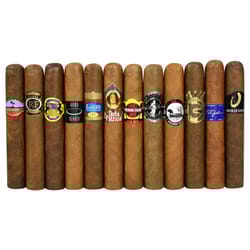 A collection of twelve cigars, each with unique branding and labels, arranged in a row, displaying a variety of colors and designs.
