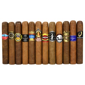 A collection of twelve cigars, each with unique branding and labels, arranged in a row, displaying a variety of colors and designs.