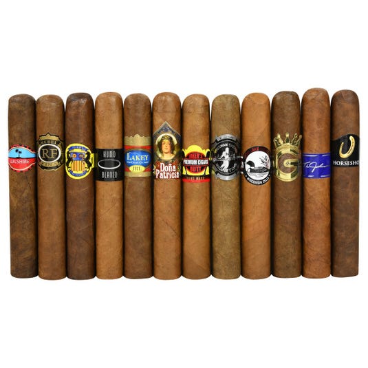 A collection of twelve cigars, each with unique branding and labels, arranged in a row, displaying a variety of colors and designs.