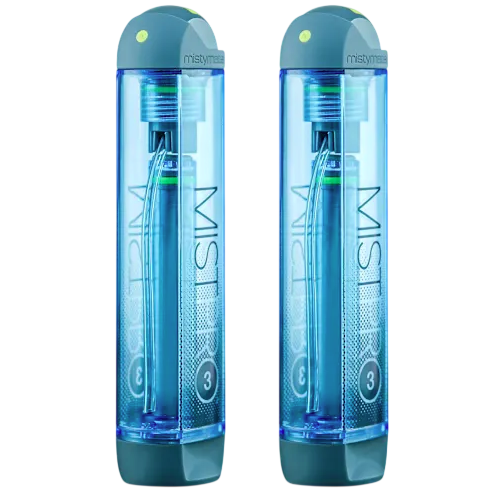 Two blue MistyMate MISTPRO 3 personal misters designed for on-the-go hydration, featuring a sleek, transparent exterior and compact design for easy portability.