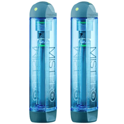 Two blue MistyMate MISTPRO 3 personal misters designed for on-the-go hydration, featuring a sleek, transparent exterior and compact design for easy portability.