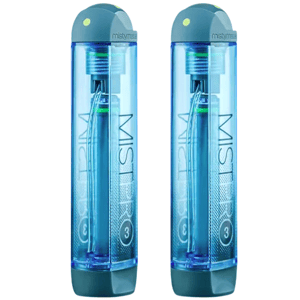 Two blue MistyMate MISTPRO 3 personal misters designed for on-the-go hydration, featuring a sleek, transparent exterior and compact design for easy portability.