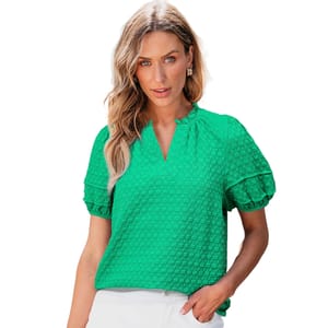 Green textured blouse with a V-neckline and puff sleeves, featuring a subtle checkered pattern. Suitable for casual or dressy occasions.