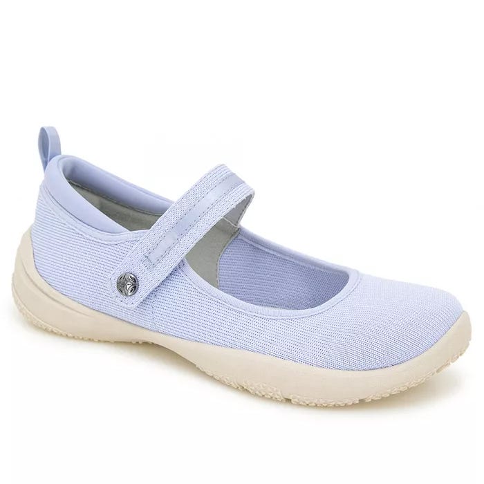 Light blue Mary Jane shoe with a fabric upper, Velcro strap, and off-white sole.