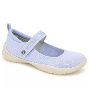 Light blue Mary Jane shoe with a fabric upper, Velcro strap, and off-white sole.