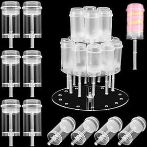 Clear push-up cake pop containers with a stand for display and storage.