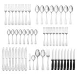 The 53-piece Pfaltzgraff Flatware Set includes 8 dinner forks, 8 salad forks, 8 dinner knives, 8 dinner spoons, 8 teaspoons, 1 serving spoon, 1 slotted serving spoon, 1 serving fork, 1 butter spreader, and 8 steak knives with black handles.