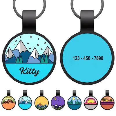 Round pet tag featuring mountain designs with \“Kitty\“ and a customizable phone number. Below are additional designs, including sunset, galaxy, forest, and beach themes.