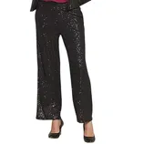 Black sequin wide-leg trousers paired with black heels.