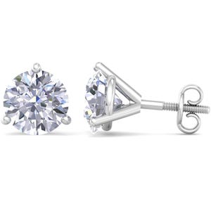 Lab-grown diamond stud earrings set in 14K gold with 5-carat round stones, featuring a three-prong setting and screw-back closures.