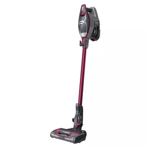 A Shark Rocket stick vacuum cleaner with a slim design and a maroon and gray color scheme.