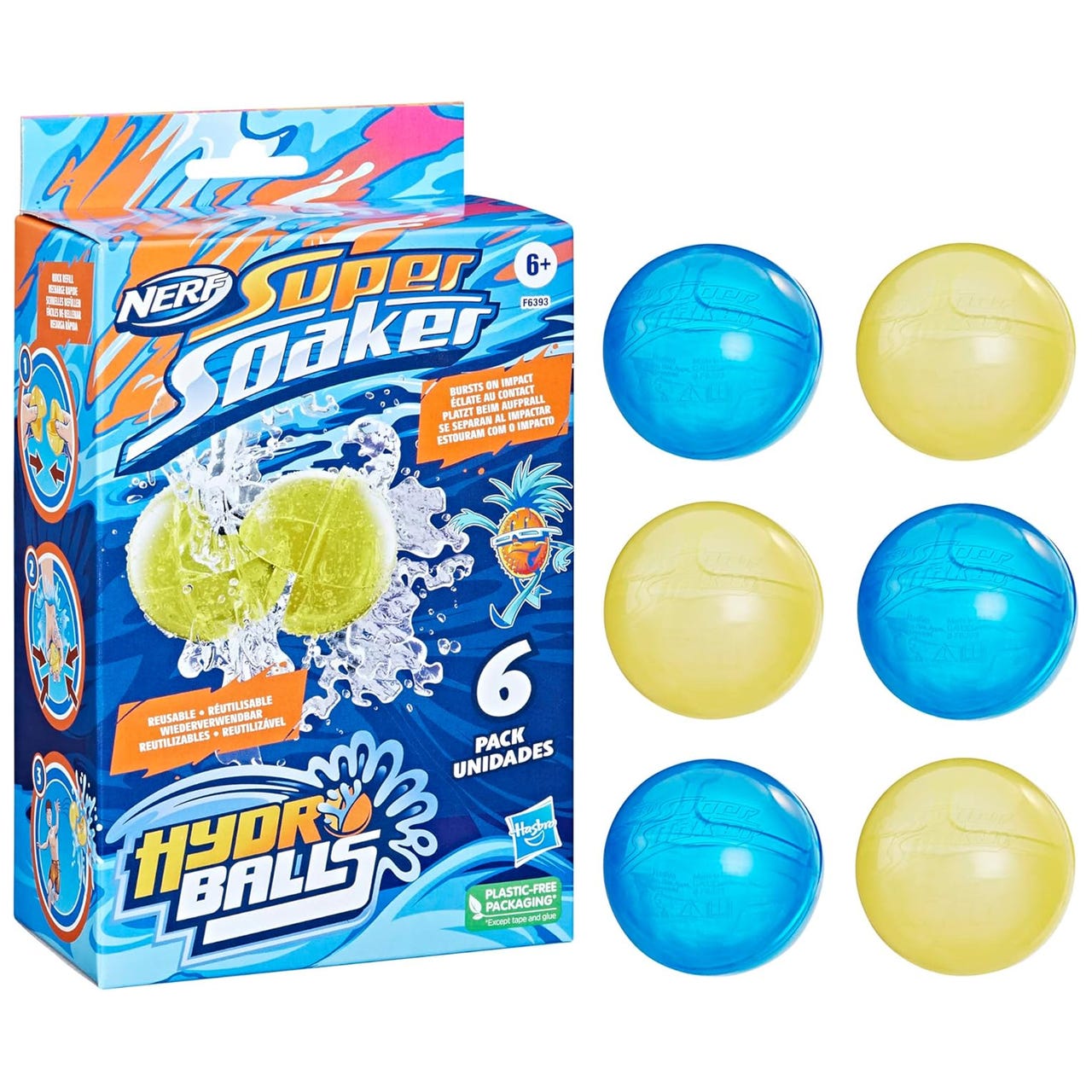 NERF Super Soaker Hydro Balls are reusable water-filled balls that burst on impact, designed for ages 6 and up. The package contains six balls (three blue, three yellow) with plastic-free packaging.
