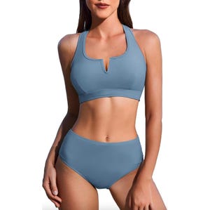A blue two-piece swimsuit featuring a top with a plunge neckline and a high-waisted bottom.
