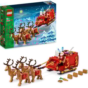 LEGO Santa's Sleigh set features a red sleigh with gold details, four reindeer, and a Santa minifigure. It includes gifts, toys, and a carrot. The set is designed for ages 9 and up and includes model number 40499.