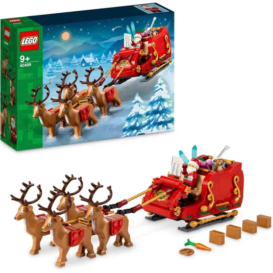 LEGO Santa's Sleigh set features a red sleigh with gold details, four reindeer, and a Santa minifigure. It includes gifts, toys, and a carrot. The set is designed for ages 9 and up and includes model number 40499.