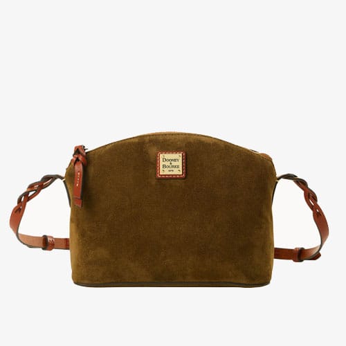 Olive green suede crossbody bag with brown leather straps and branded label.