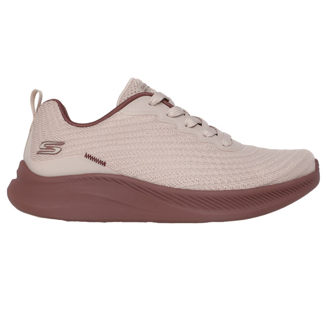 A beige and brown Skechers walking shoe with a knit upper, lace-up design, and cushioned sole.