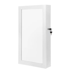 A white, wall-mounted lockable jewelry cabinet with a full-length mirror on the front and a lock on the right side, complete with a key.