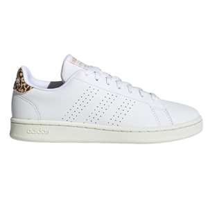 White Adidas sneaker with a leopard print detail on the heel; features perforated stripes and a white sole.