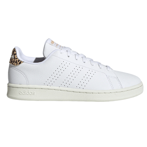 White Adidas sneaker with a leopard print detail on the heel; features perforated stripes and a white sole.