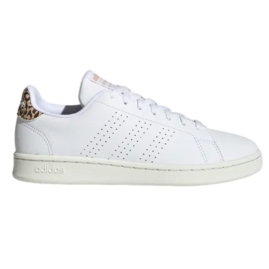 White Adidas sneaker with a leopard print detail on the heel; features perforated stripes and a white sole.