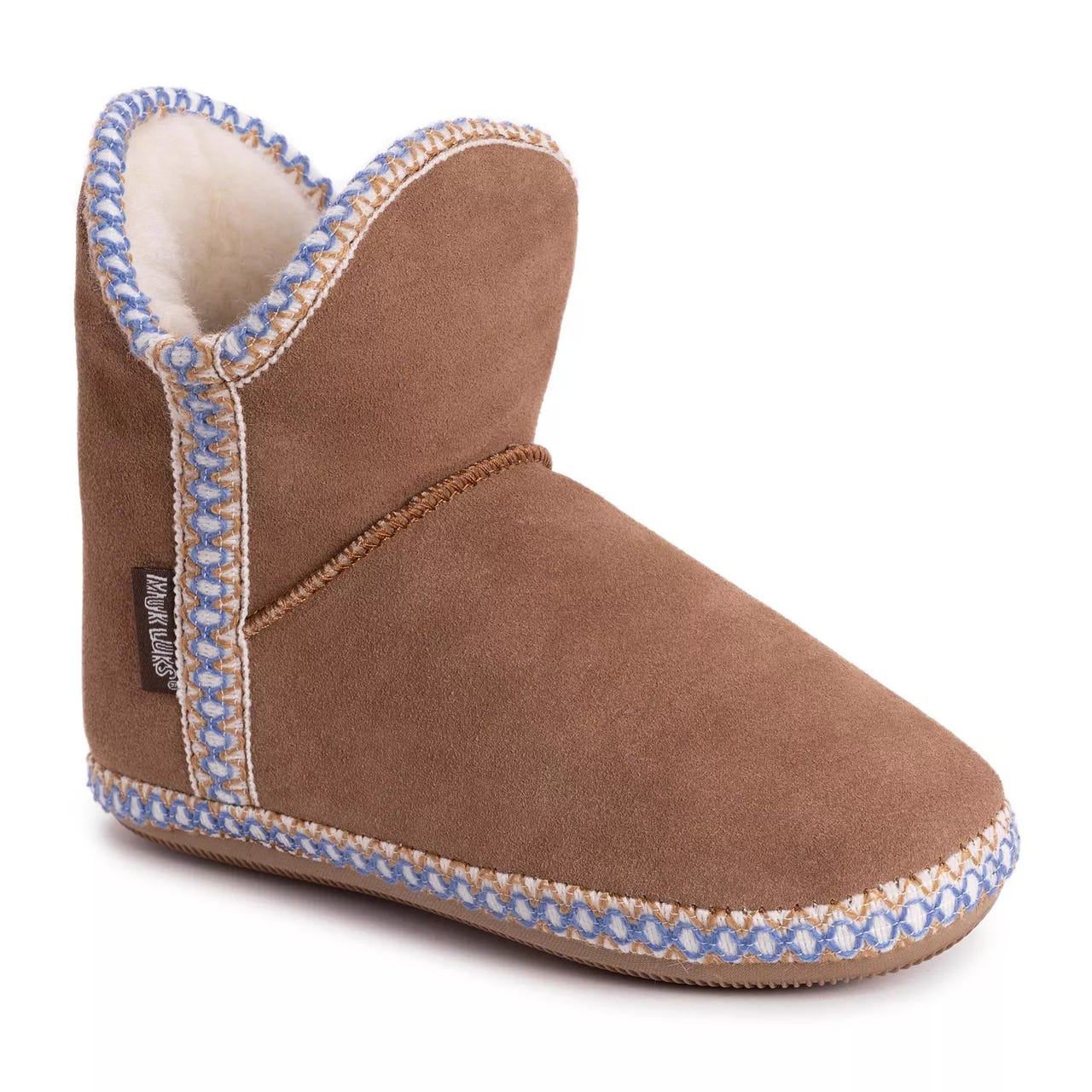 Brown ankle-high bootie slipper with blue and white stitching and a plush interior lining.