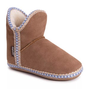 Brown ankle-high bootie slipper with blue and white stitching and a plush interior lining.