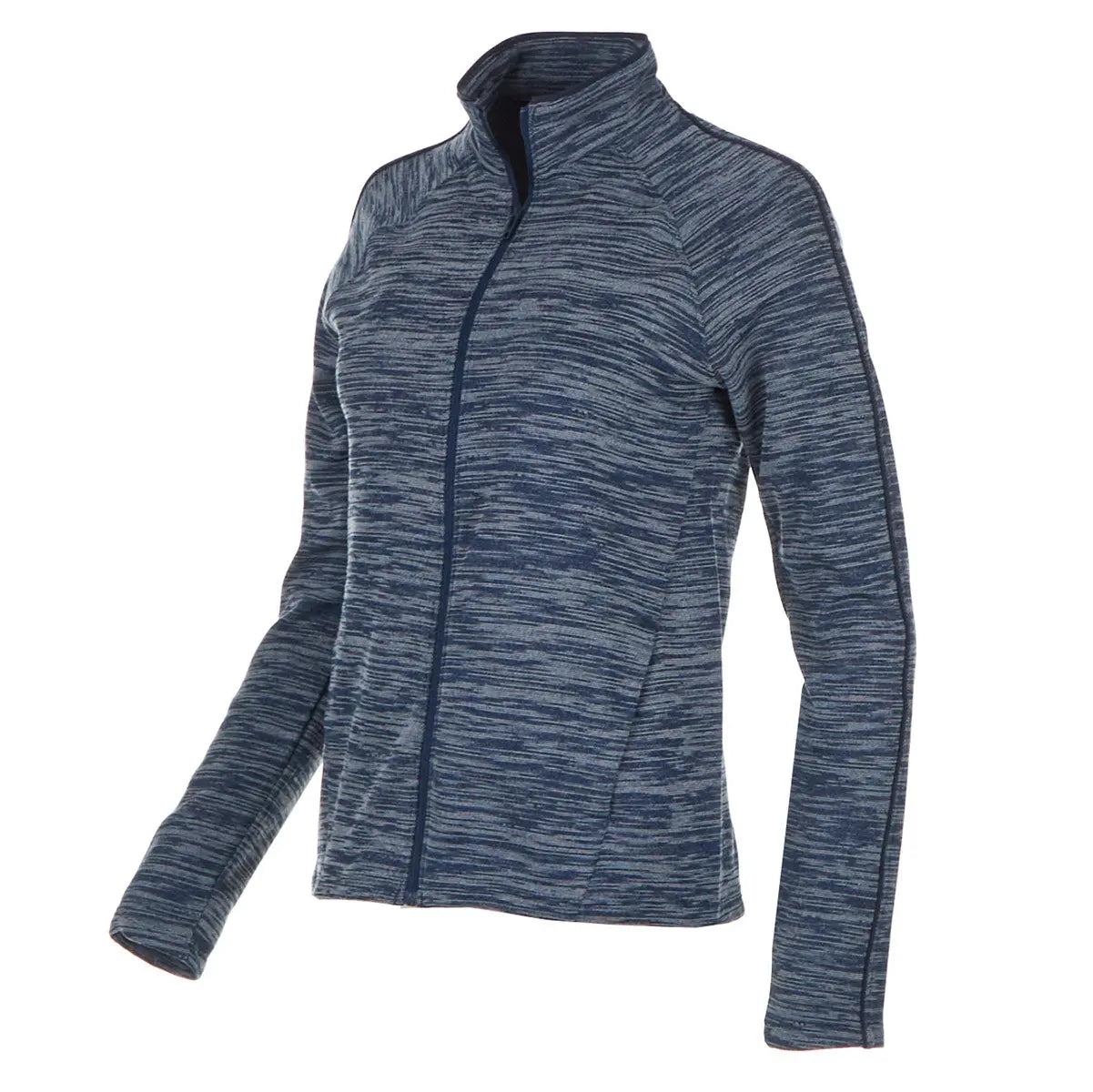 A blue and gray, long-sleeve, zippered pullover with a high neck and a heathered pattern.