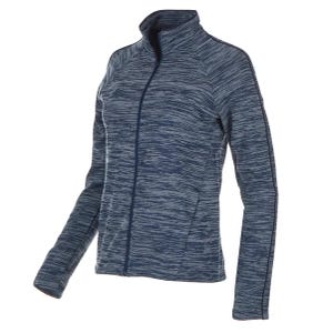 A blue and gray, long-sleeve, zippered pullover with a high neck and a heathered pattern.